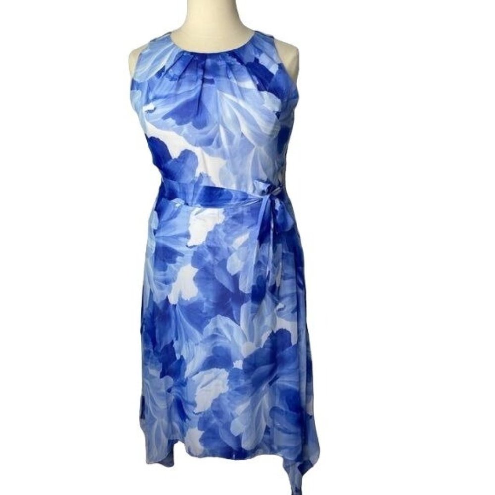 JH womens asymmetrical dress white blue floral print sleeveless size 18